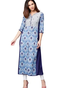 Printed Cotton A Line Kurta in Sky Blue and Dark Blue