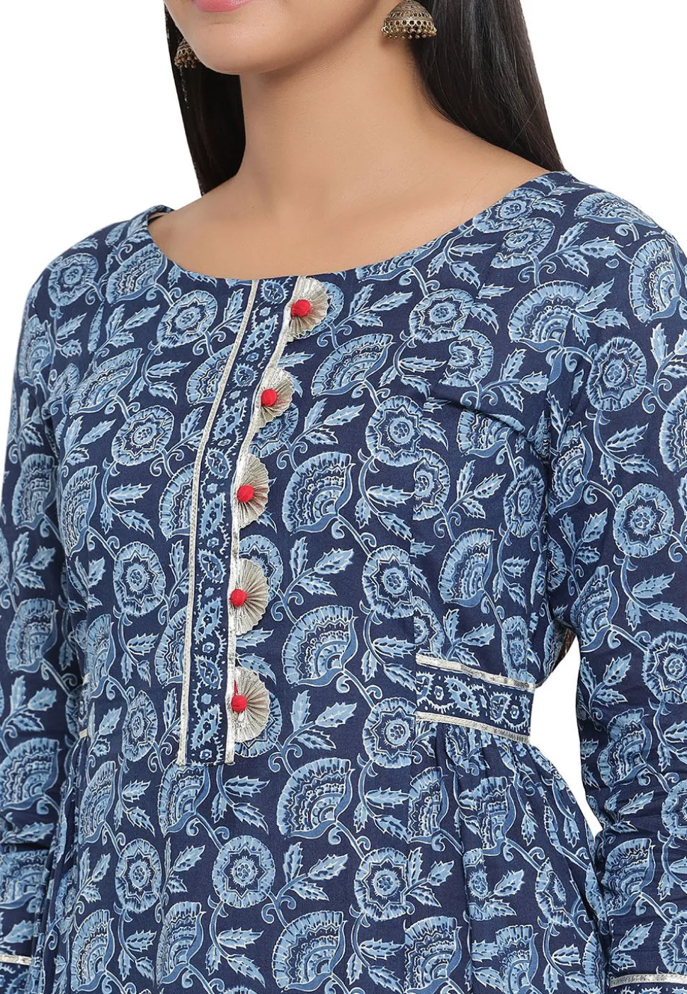 Printed Cotton A Line Kurta in Dark Blue