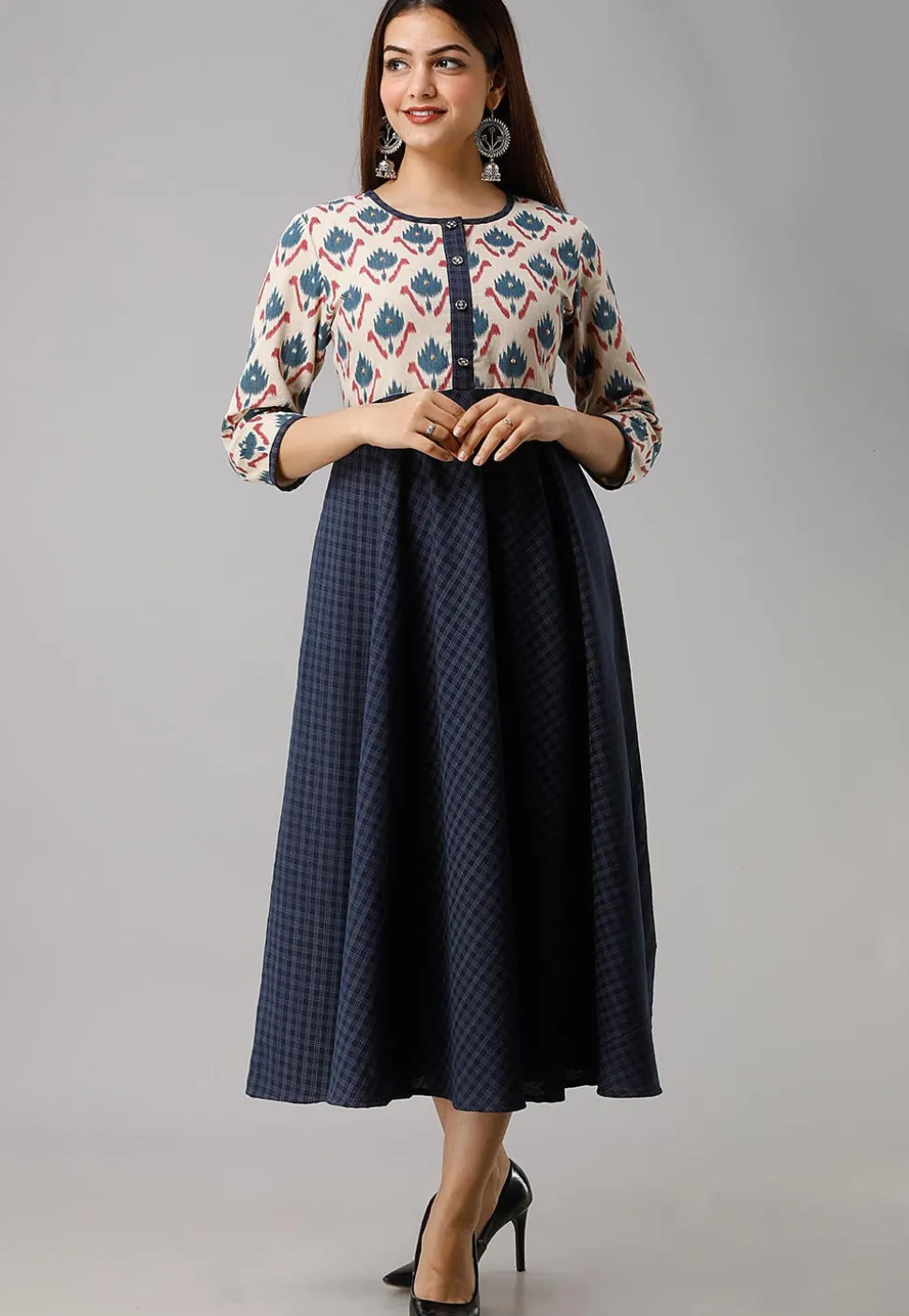 Printed Cotton A Line Kurta in Navy Blue and Off White