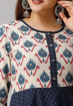 Printed Cotton A Line Kurta in Navy Blue and Off White