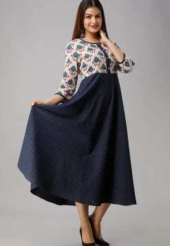 Printed Cotton A Line Kurta in Navy Blue and Off White