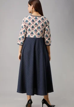 Printed Cotton A Line Kurta in Navy Blue and Off White