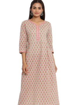 Printed Cotton A Line Kurta in Dusty Green