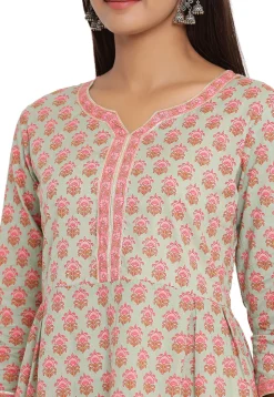 Printed Cotton A Line Kurta in Dusty Green