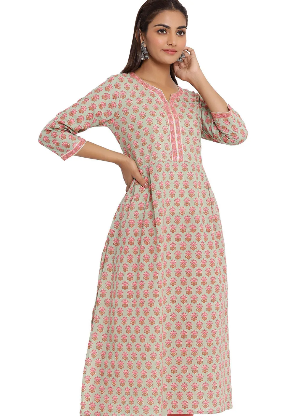 Printed Cotton A Line Kurta in Dusty Green