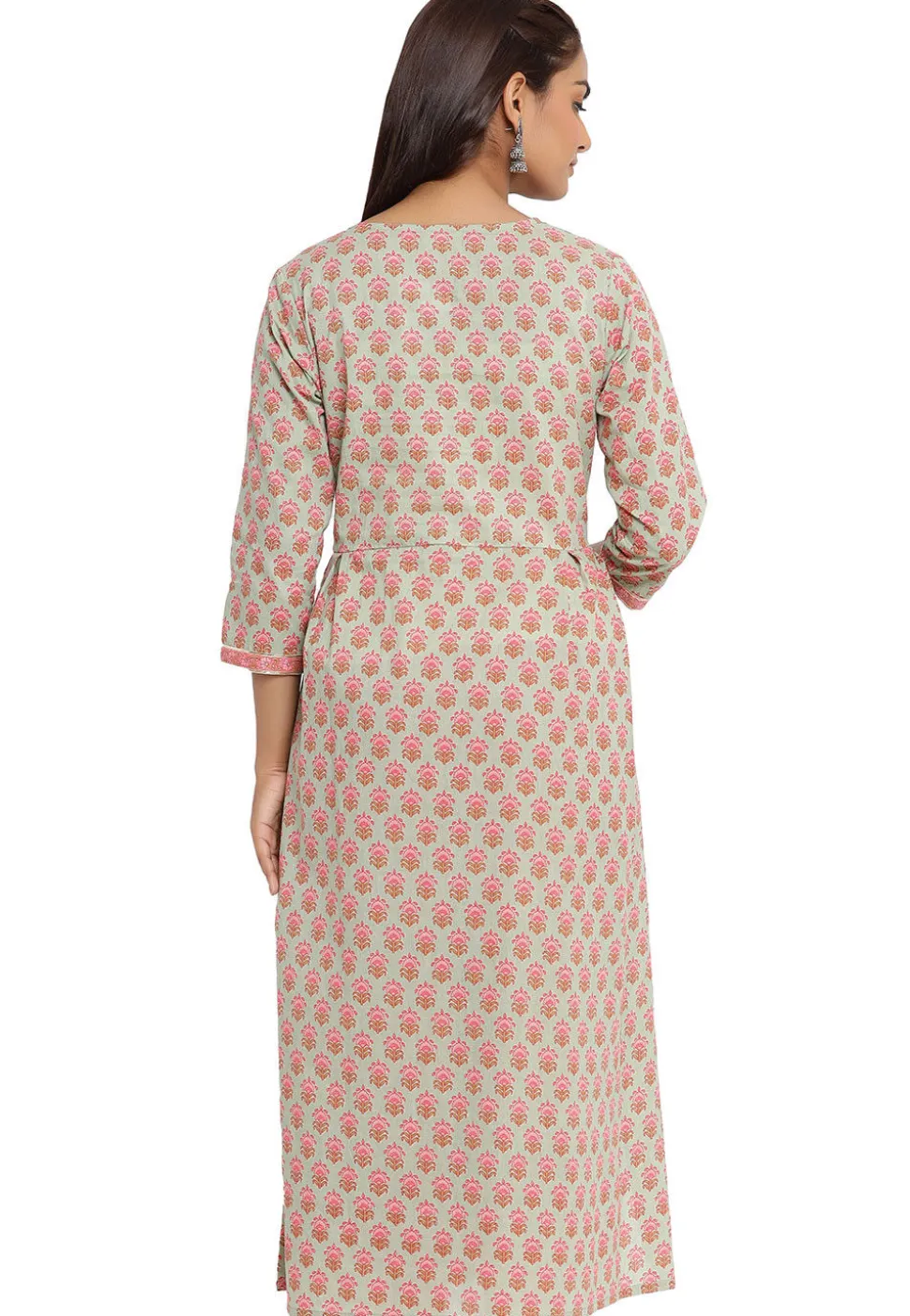 Printed Cotton A Line Kurta in Dusty Green