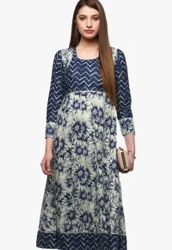 Printed Cotton A Line Kurta in Off White and Blue