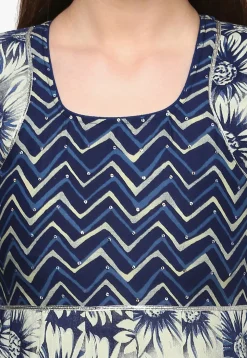 Printed Cotton A Line Kurta in Off White and Blue