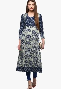 Printed Cotton A Line Kurta in Off White and Blue