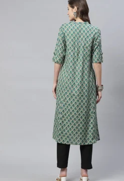 Printed Cotton A Line Kurta in Dusty Green