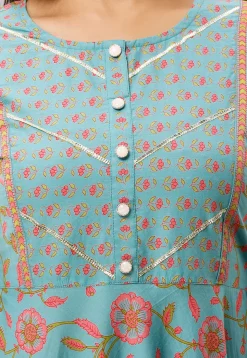 Printed Cotton A Line Long Kurta in Sky Blue