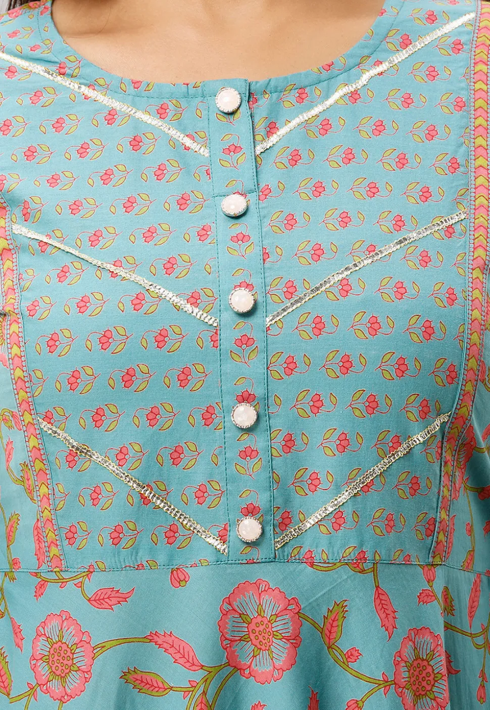 Printed Cotton A Line Long Kurta in Sky Blue