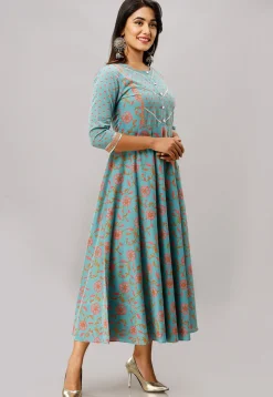 Printed Cotton A Line Long Kurta in Sky Blue