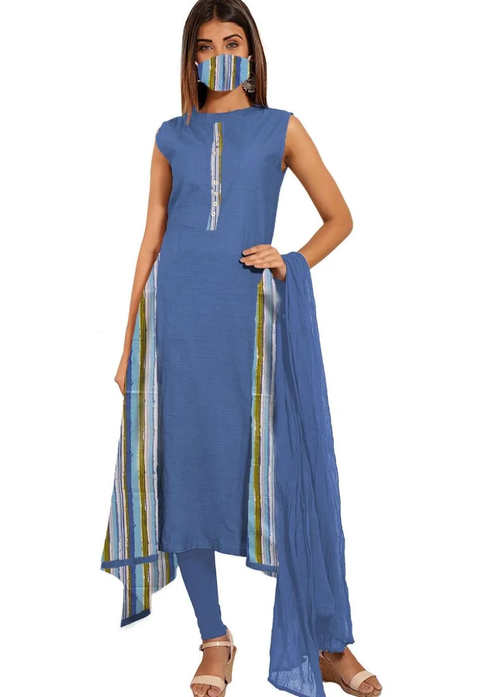 Printed Cotton A Line Suit in Blue