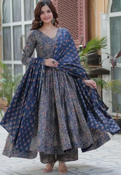 Printed Cotton A Line Suit in Navy Blue
