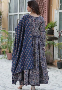Printed Cotton A Line Suit in Navy Blue