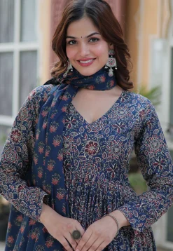 Printed Cotton A Line Suit in Navy Blue