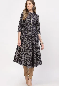 Printed Cotton A Line Suit in Navy Blue