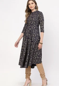 Printed Cotton A Line Suit in Navy Blue