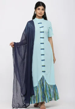 Printed Cotton Abaya Style Suit in Pastel Blue and Multicolor