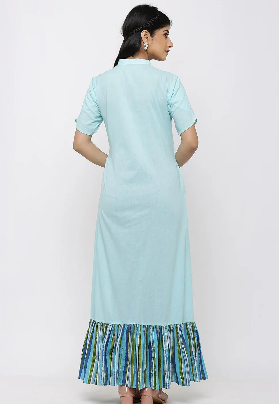 Printed Cotton Abaya Style Suit in Pastel Blue and Multicolor