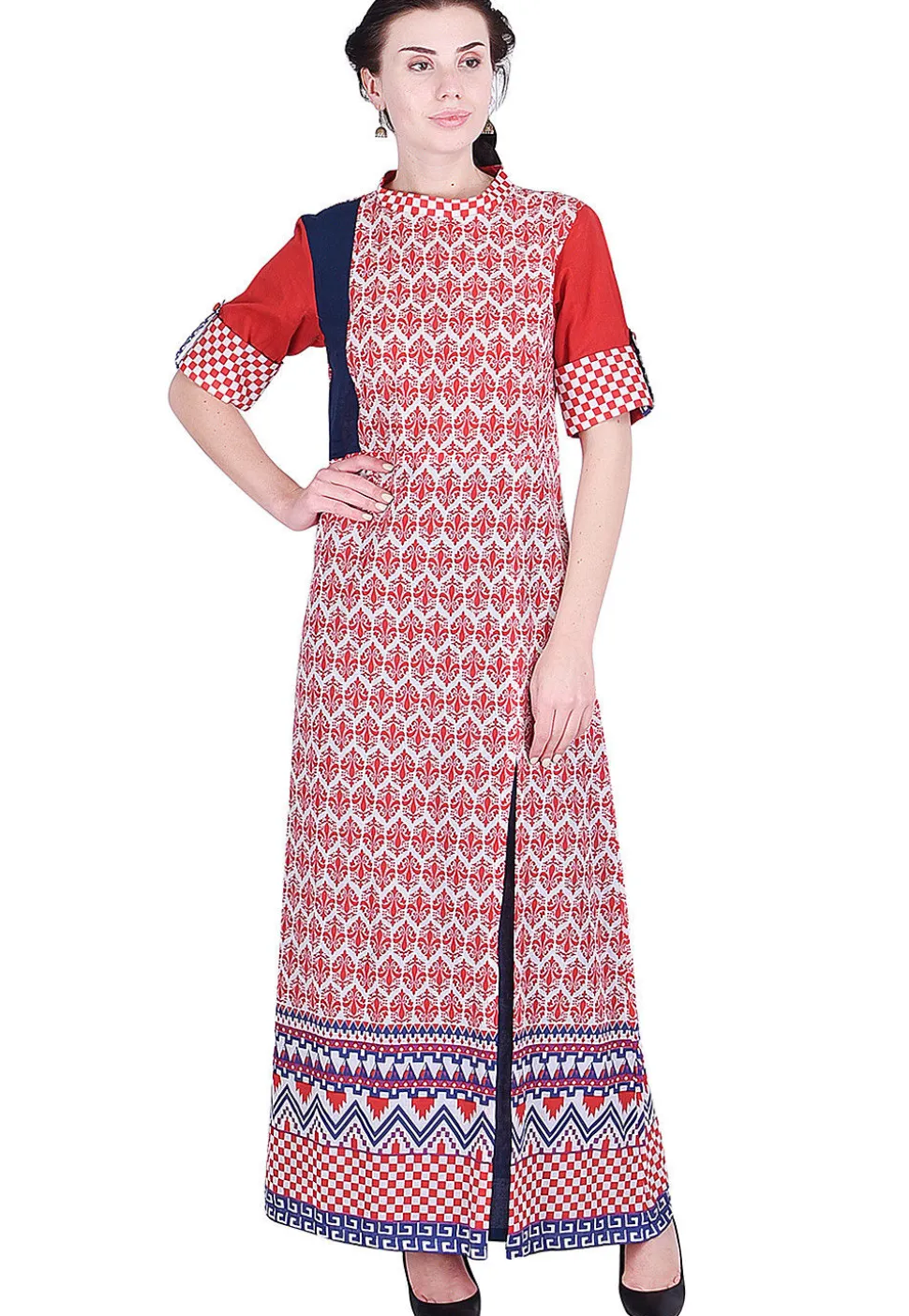 Printed Cotton Abaya Style Kurta in Red and White