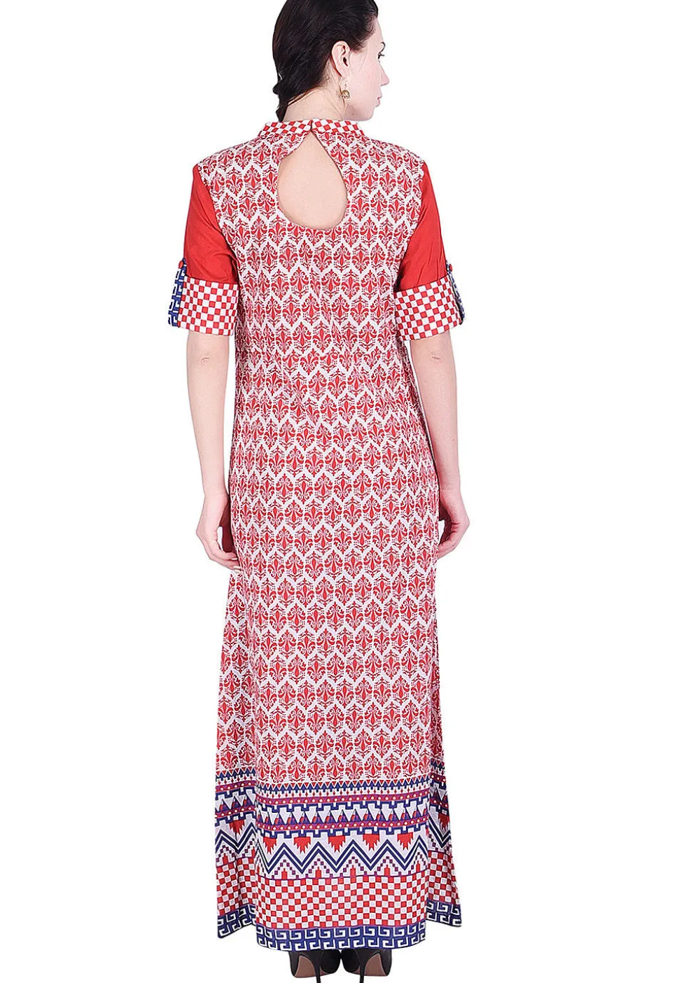 Printed Cotton Abaya Style Kurta in Red and White