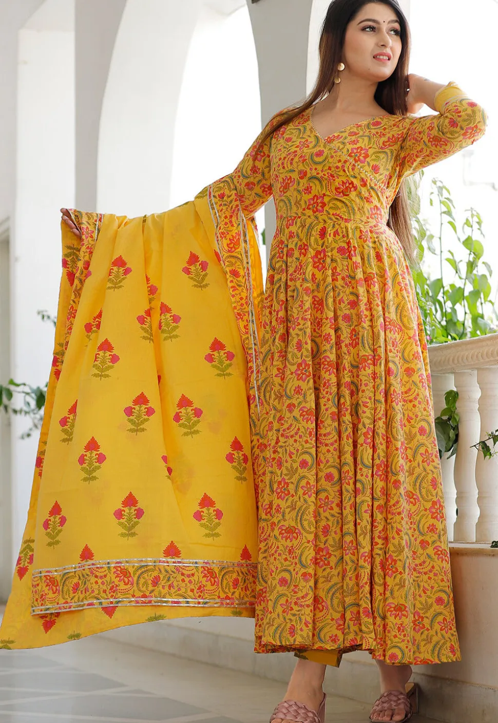 Printed Cotton Abaya Style Kameez in Mustard