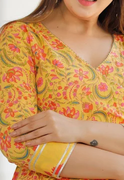 Printed Cotton Abaya Style Kameez in Mustard
