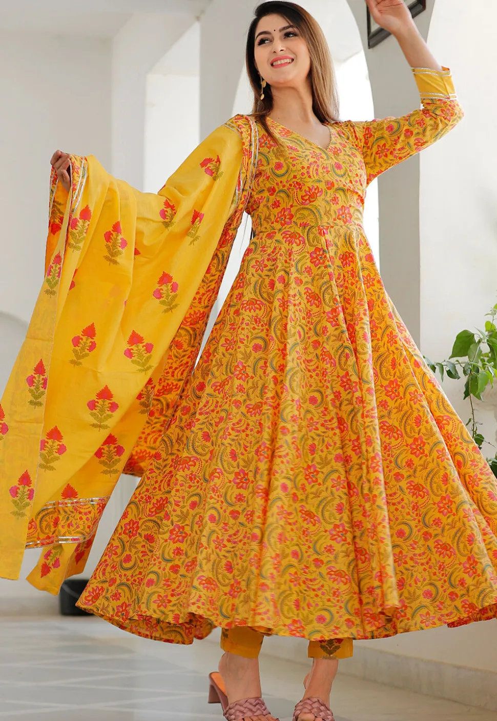 Printed Cotton Abaya Style Kameez in Mustard