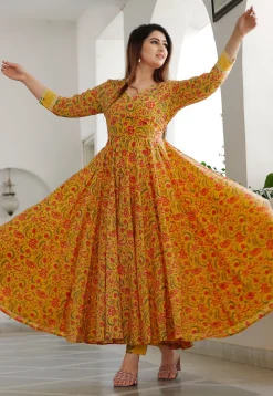 Printed Cotton Abaya Style Kameez in Mustard