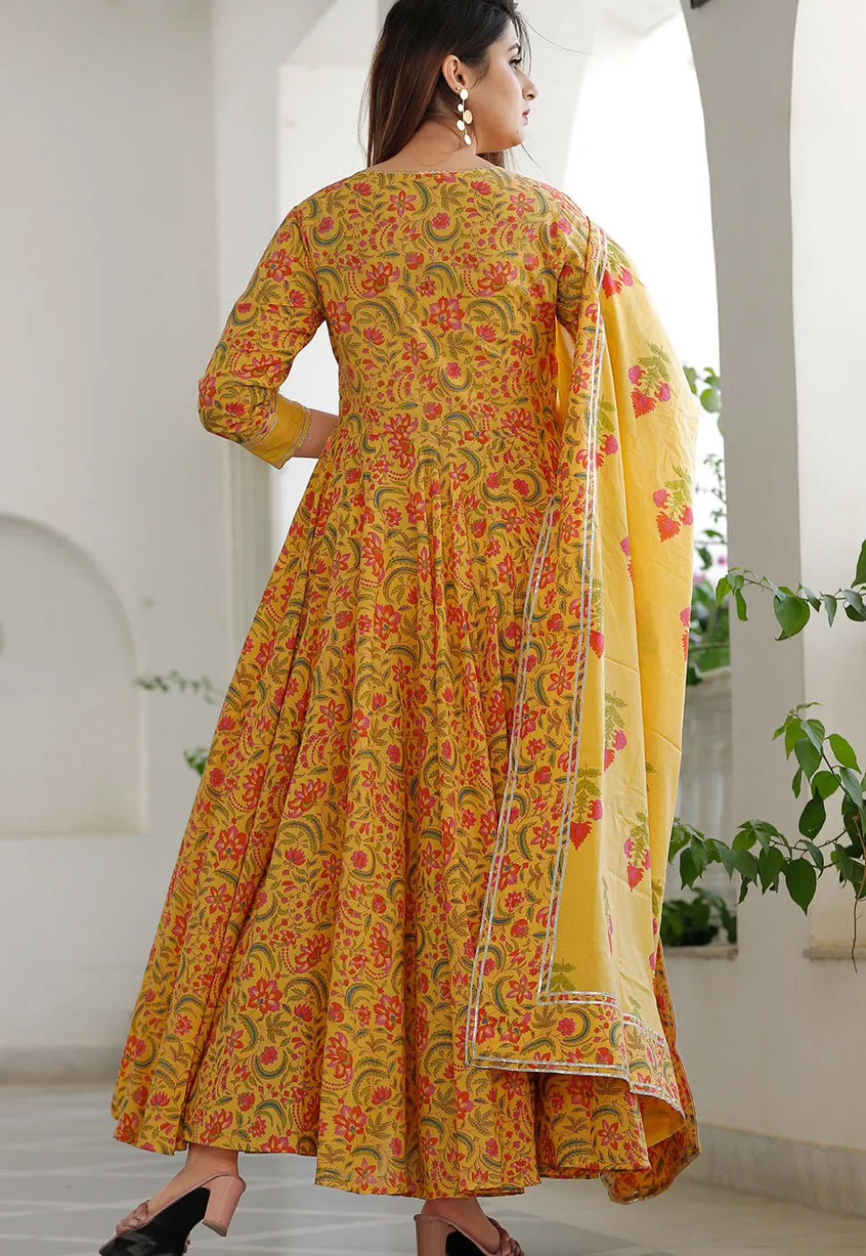 Printed Cotton Abaya Style Kameez in Mustard