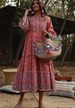 Printed Cotton Aline Dress in Peach