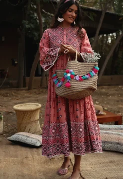 Printed Cotton Aline Dress in Peach