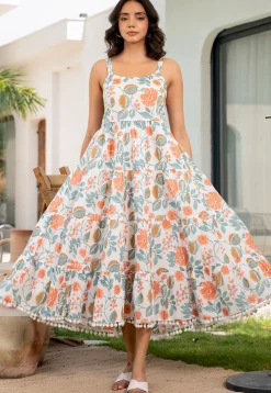 Printed Cotton Aline Dress in Off White