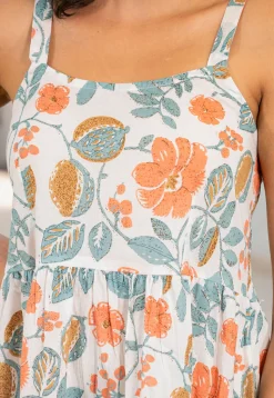 Printed Cotton Aline Dress in Off White