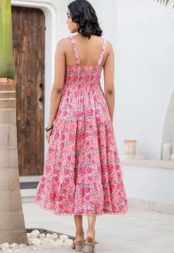 Printed Cotton Aline Dress in Pink