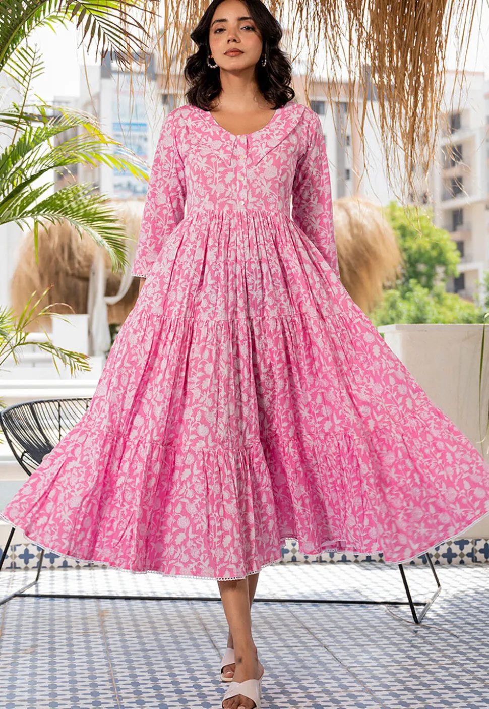 Printed Cotton Aline Dress in Pink