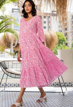 Printed Cotton Aline Dress in Pink