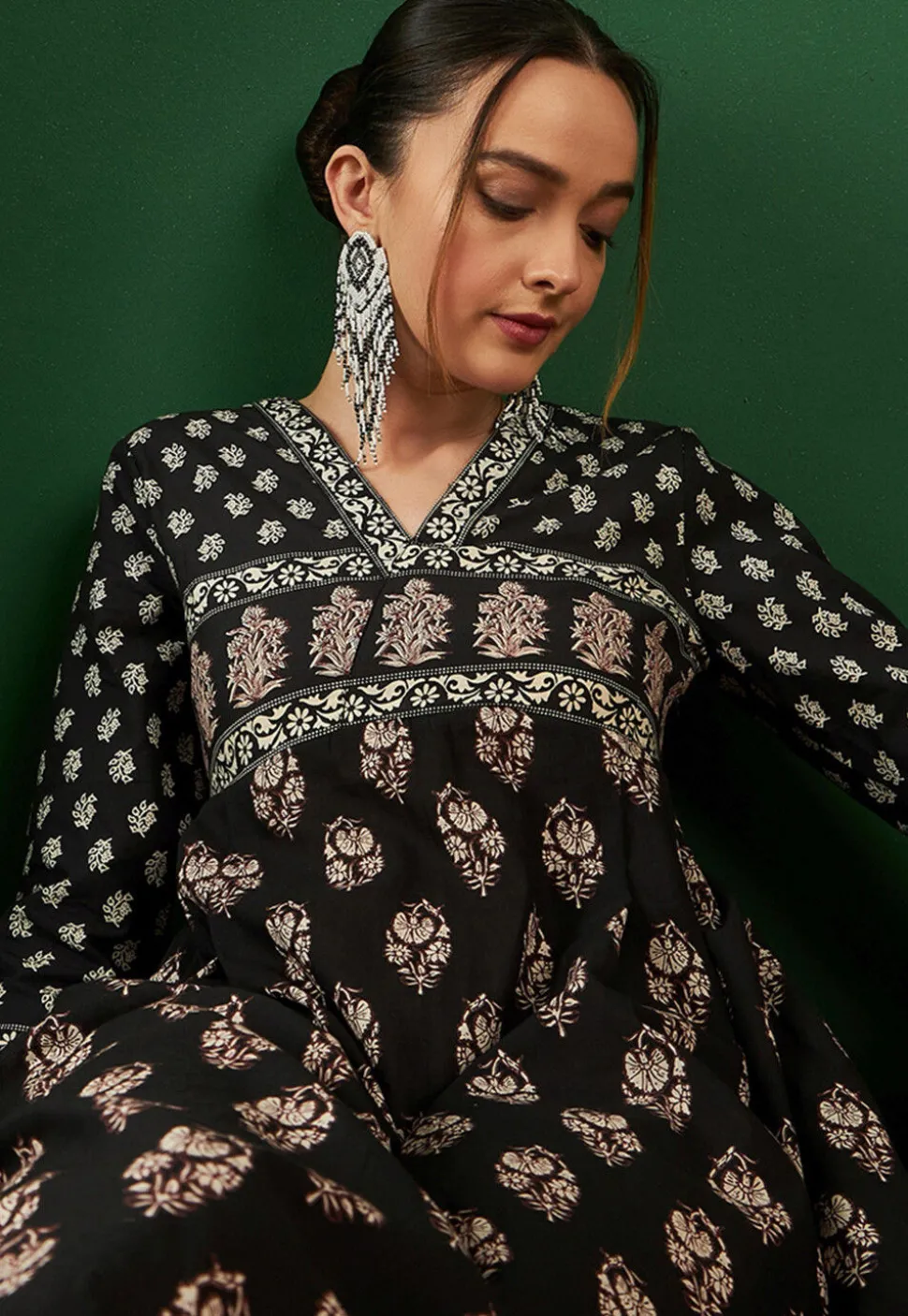 Printed Cotton Aline Kurta in Black