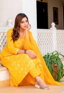 Printed Cotton Aline Suit in Yellow