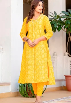Printed Cotton Aline Suit in Yellow