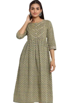 Printed Cotton Anarkali Kurta in Dusty Green
