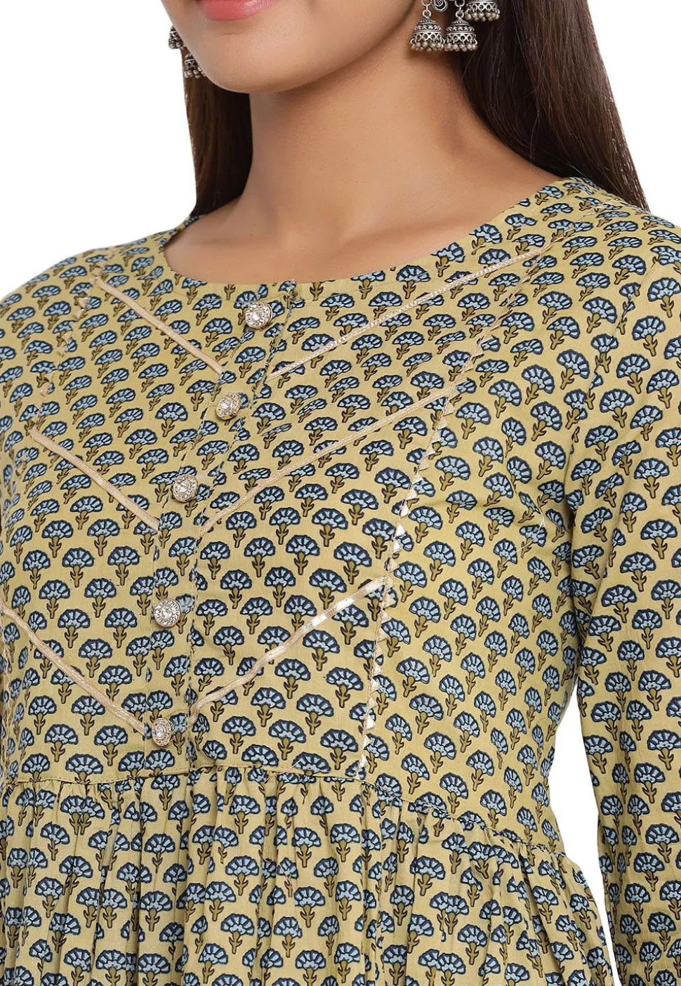 Printed Cotton Anarkali Kurta in Dusty Green