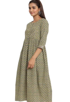 Printed Cotton Anarkali Kurta in Dusty Green