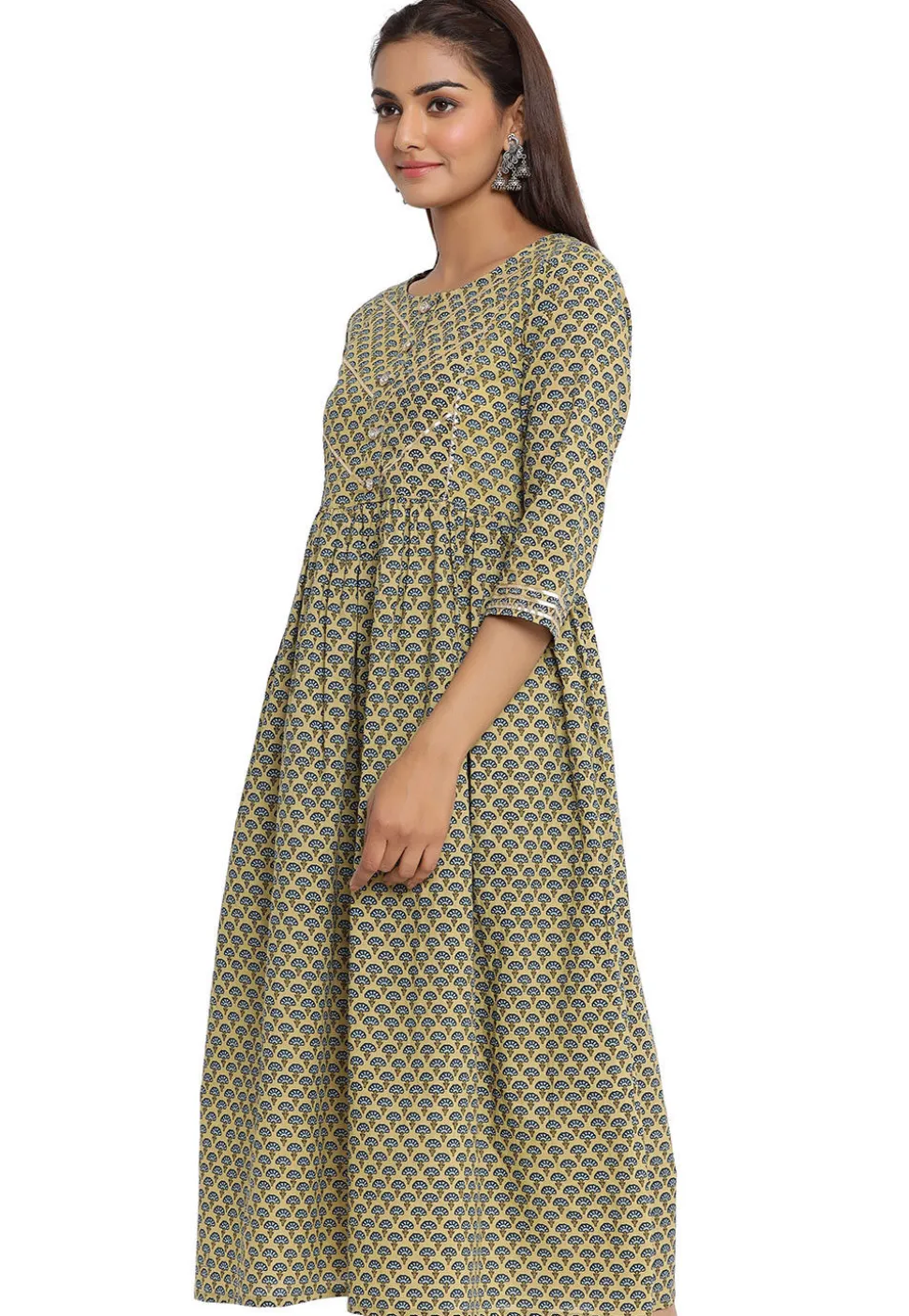 Printed Cotton Anarkali Kurta in Dusty Green
