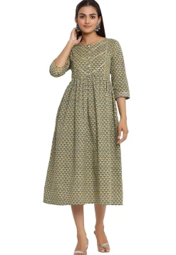 Printed Cotton Anarkali Kurta in Dusty Green