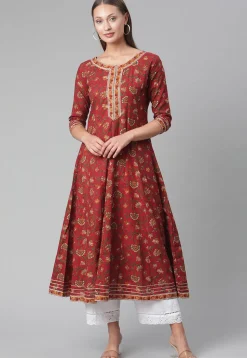 Printed Cotton Anarkali Kurta in Maroon