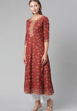 Printed Cotton Anarkali Kurta in Maroon