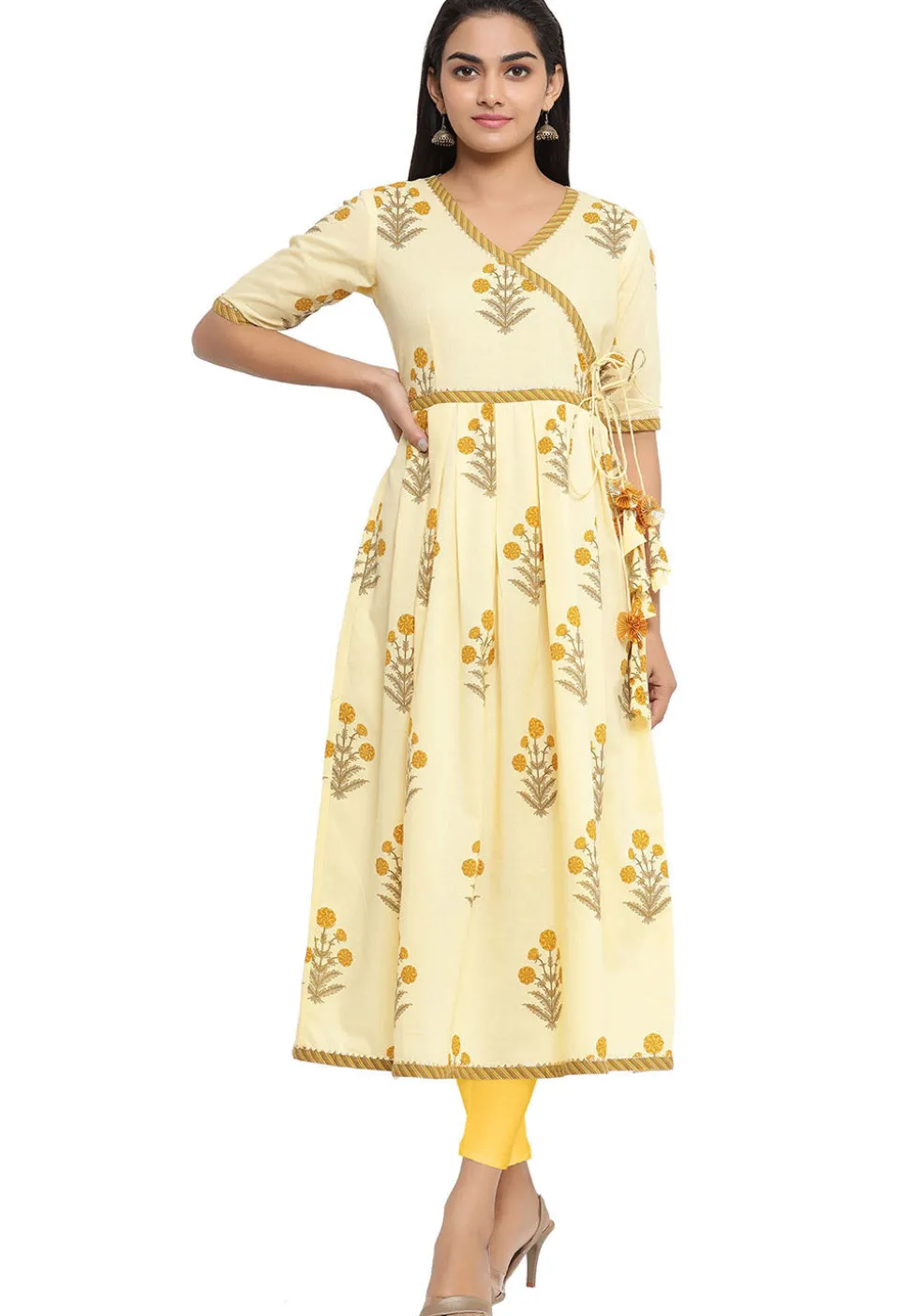 Printed Cotton Anarkali Kurta in Light Yellow